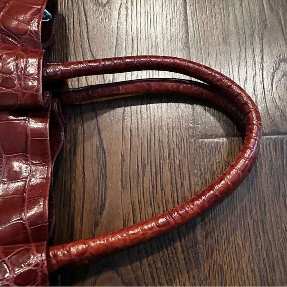 Furla Crocodile Embossed Leather 2 Handles Satchel Handbag Purse Tote Burgundy - Picture 7 of 17
